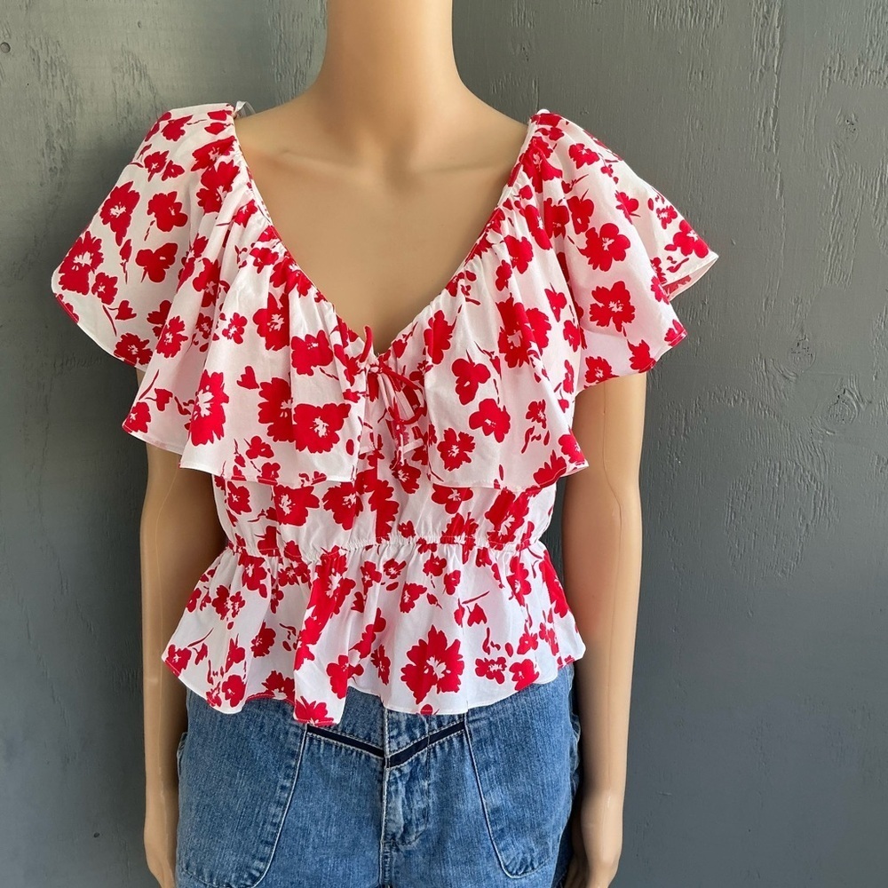 Zara Red and White Flutter Sleeve Peplum Blouse